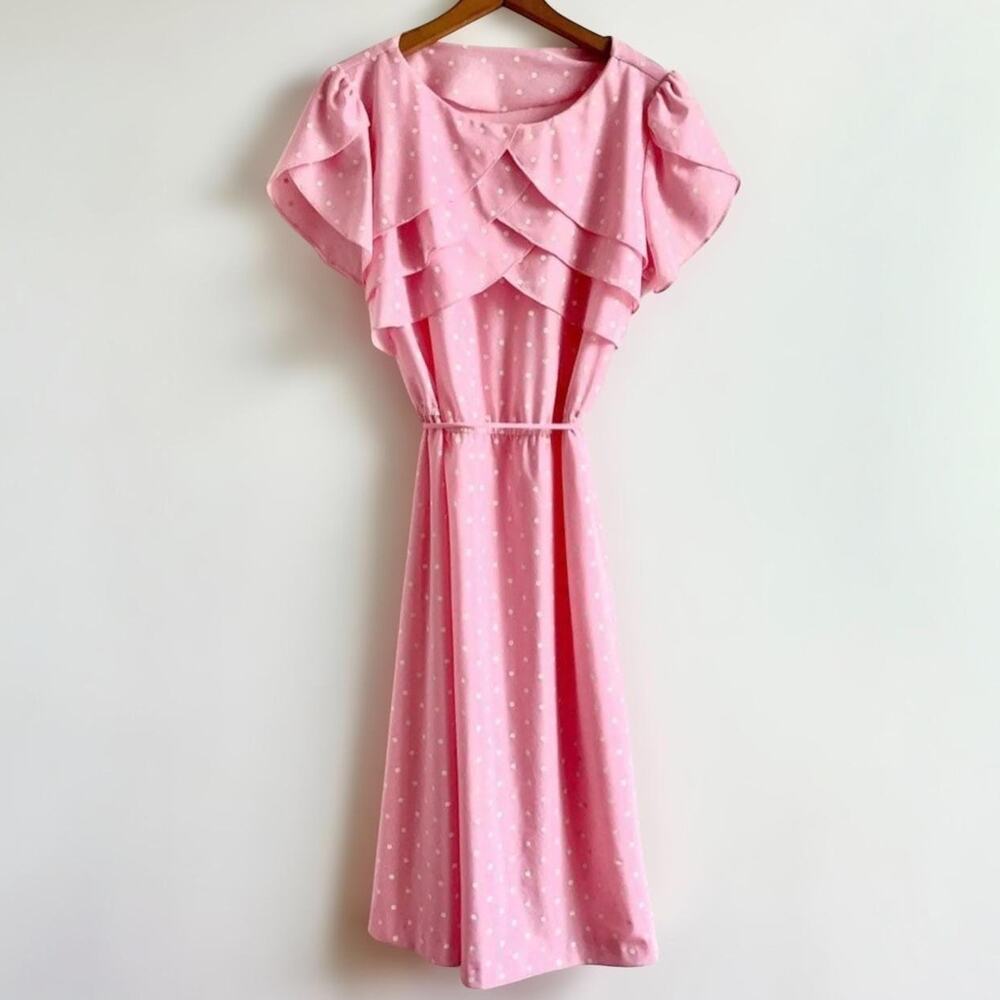 Vintage 80s Pink Polka Dot Dress | Fit & Flare Flutter Sleeve | L